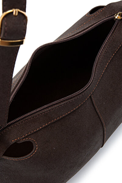 minebag Γυναικεία τσάντα ώμου καφέ με λεπτομέρεια από σουέτ σε σχήμα μπαγκέτας και λουράκι ζώνης