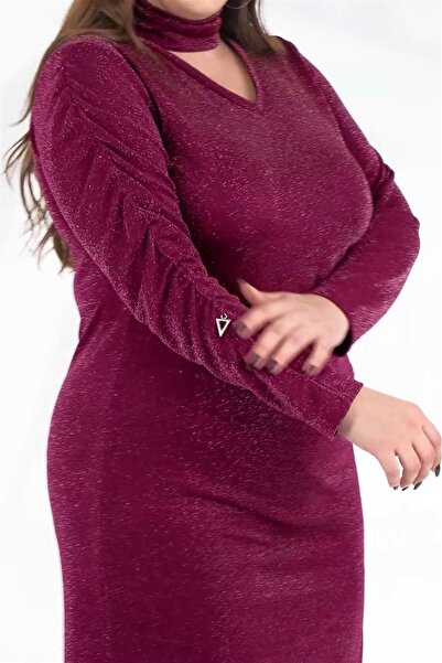 Roxxlen 122359 Γυναικείο φόρεμα με λεπτομέρεια με λάμψη σε μεγάλο μέγεθος - Ασημί μούρι