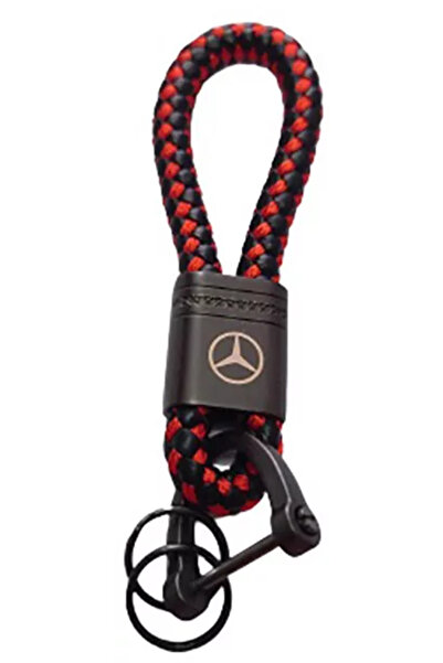 MERCEDES Metal keychain with black leather, braided red and logo