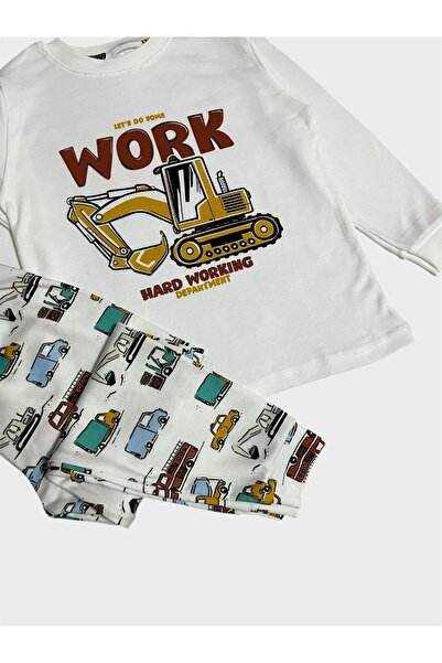 elmas kids Boys' 100% Cotton White Construction Vehicle Truck Car Pattern Long Sleeve Pajama Set