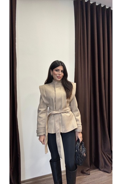 LOISY Kadın Vatkalı Kuşaklı Kaşe Premium Ceket