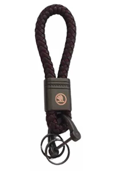 Skoda Breloc metalic cu piele împletită maro și logo