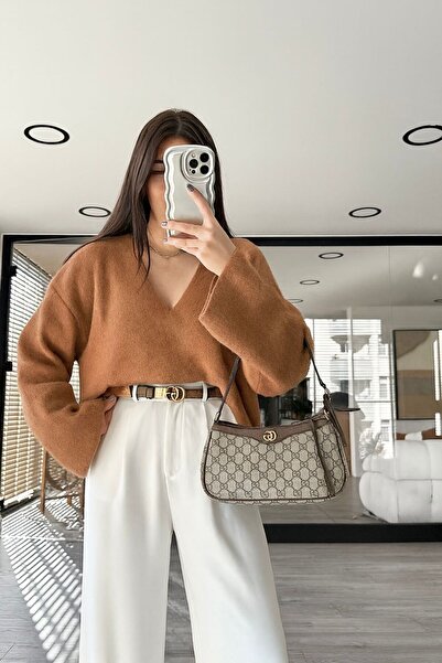 NATUFIAN STORE Women's Basic Pipe Sleeve V-Neck Soft Bearded Oversized Knitwear Sweater