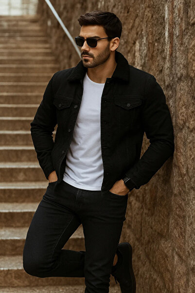 comstar Men's Winter Trend Fur Inside Plush S.Black Denim Jacket