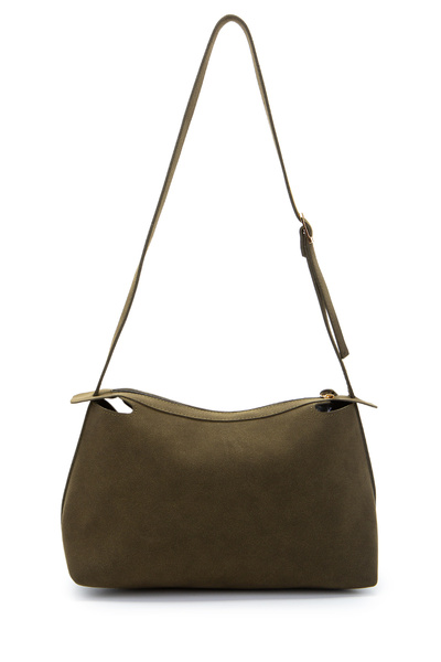 minebag Baguette Shape Suede Talia Women's Shoulder Bag Khaki with Belt Strap Detail