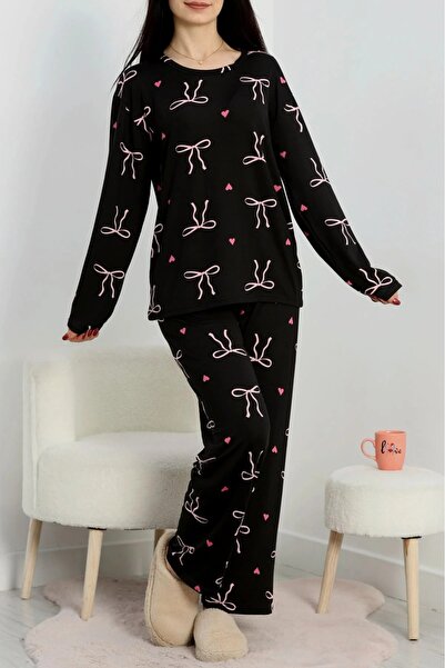 DAS KLEID Soft Milan Top and Bottom Same Pajama Set Black Ribbon