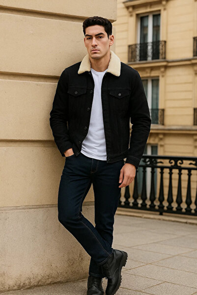 comstar Men's Winter Casual Plush Fur Inside Black Denim Jacket