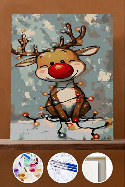 Pastelya Sayılarla Boyama Seti Çerçeveli Kasnaklı Yılbaşı Işıklı GEYİK 40x50 cm