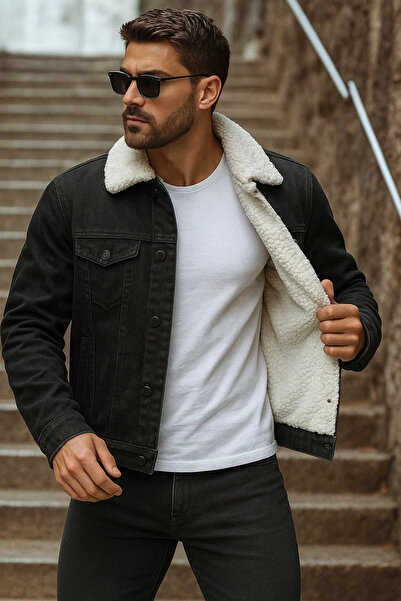 comstar Men's Winter Trend Fur Inside Plush Black Denim Jacket