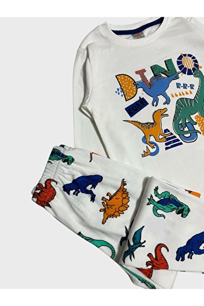 elmas kids Boy's 100% Cotton White Dinosaur Print Long Sleeve Pajamas Set