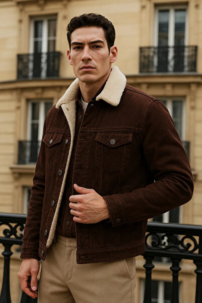 comstar Men's Winter Casual Plush Fur Inside Dark Brown Denim Jacket