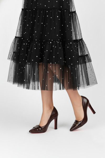 Extra Shoes İstanbul Women's Brown Patent Leather Snake Patterned Gold Buckle Detailed Mirrored Jurdan Stiletto