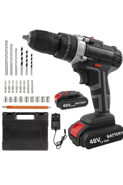 WAKYME طقم مثقاب كهربائي لاسلكي 48 فولت بسرعتين متغيرتين وإضاءة LED مع بطارية...