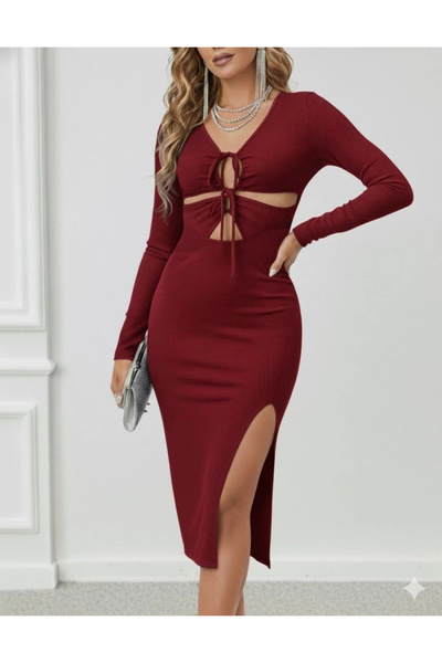 nedo7 فستان نسائي متوسط الطول بأكمام طويلة وتفاصيل منخفضة على الصدر والبطن