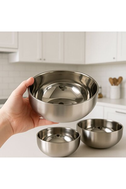 Qerhome 3-Piece Stainless Steel Double Wall Mixing Bowl 14-16-18 cm