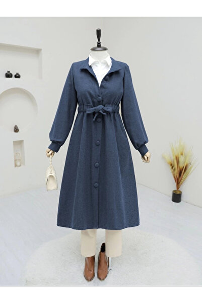 nedo7 Waist-tied top buttoned stamp coat - navy