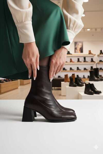 maria life Kadın Kahve Küt Burun Topuklu Bot