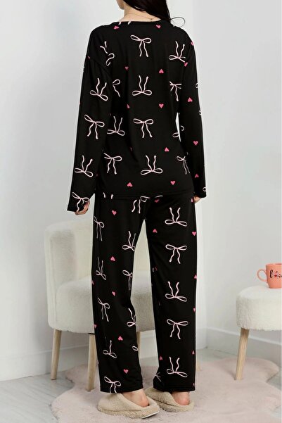 DAS KLEID Soft Milan Top and Bottom Same Pajama Set Black Ribbon