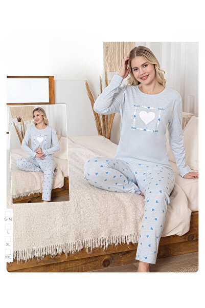 İpek Women's Long Sleeve Crew Neck Heart Pattern Cotton Pajama Set