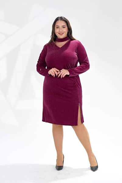 Roxxlen 122359 Γυναικείο φόρεμα με λεπτομέρεια με λάμψη σε μεγάλο μέγεθος - Ασημί μούρι