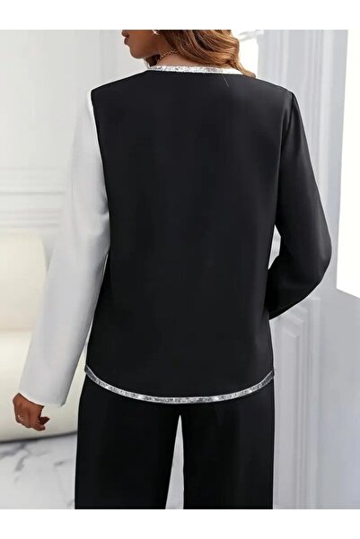 babatr.com Women's Long Sleeve V-Neck Sequin Embroidered Imported Crepe Blouse