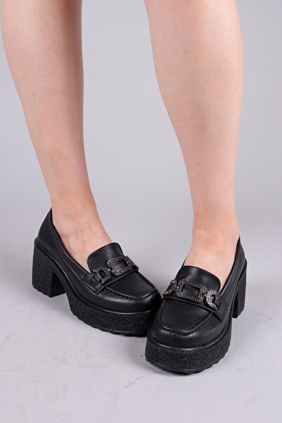 Birikon FERLAC Παπούτσια Loafer με Πέτρινη Πόρπη και Χοντρό Τακούνι ΜΑΥΡΟ