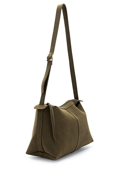 minebag Baguette Shape Suede Talia Women's Shoulder Bag Khaki with Belt Strap Detail