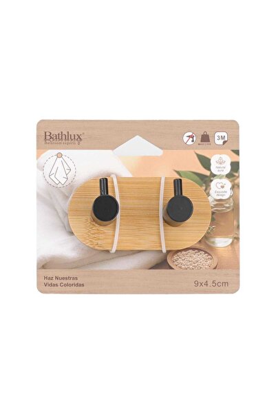 BATHLUX Double Metal Hook With Bamboo, 3M Adhesive Tape Black For Towels