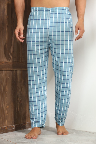 Serena Men's light blue checked pajama pants, loose fit - big size