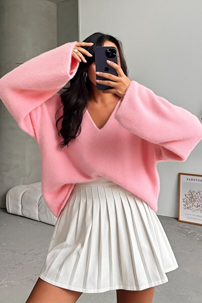 NATUFIAN STORE Women's Basic Pipe Sleeve V-Neck Soft Bearded Oversized Knitwear Sweater