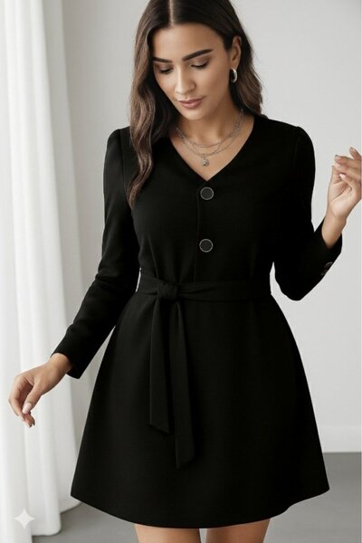 buğrahayalin    Women's Long Sleeve Button Detail Self Belt Imported Crepe Dress