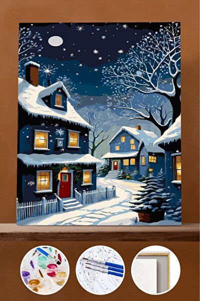 Pastelya Sayılarla Boyama Seti Çerçeveli Kasnaklı Yeni Yıl Evleri 40x50 cm