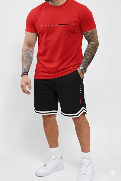 NO 601 Men's Red Paris Printed Slim Fit Oval Tshirt Black Extraforlu Shorts Set