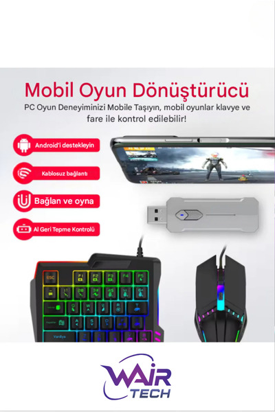 Wair Teknoloji PUBG Mobil Oyun Kiti 5in1 BT5.3 Klavye Mouse Dönuştürücü Seti Pugb Seti