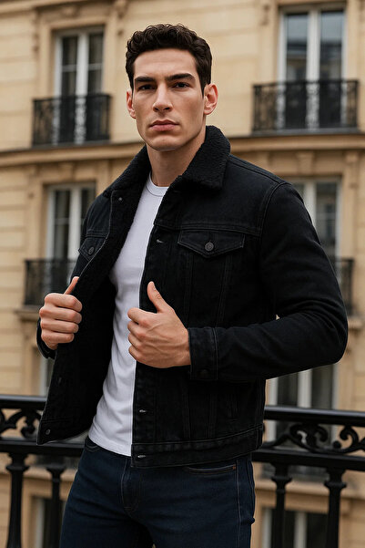 comstar Men's Winter Casual Plush Fur Inside Black Denim Jacket