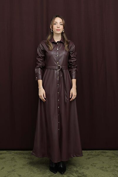 Puane 26K20709 ELBİSE DERİ ÖNÜ DÜĞMELİ VİŞNE