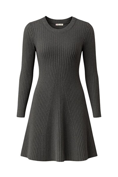 Mixray 6888 Γυναικείο πλεκτό φόρεμα με λαιμόκοψη ανθρακί