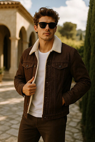 comstar Men's Winter Premium Casual Fur Lined Dark Brown Denim Jacket