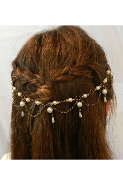 Shiklik Accesoriu de păr pentru femei, lanț cu perle de culoare aurie