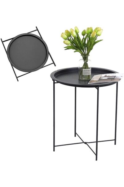 ECVV Small Round Metal Coffee Table with Removable Top Tray, 47×47×51 cm, Black