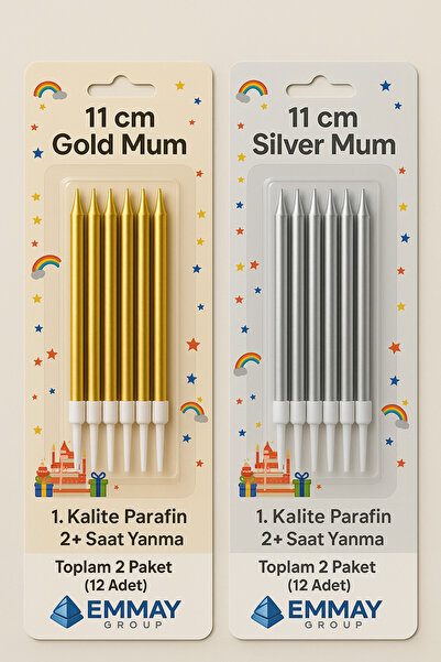 Orca Süs 1 PAKET 11 cm Çubuk Mum Gold + 1 PAKET 11 cm Çubuk Mum Silver, 2 PAK...