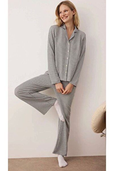 Atelier Masal Black-White Striped Corded Fabric Shirt Collar Knitted Pajama Set