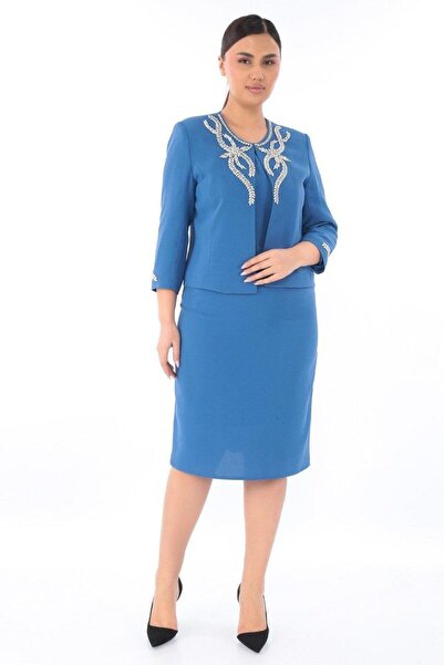 MİSS DİAMOND Elegant stone-embellished blue short skirt three-piece suit