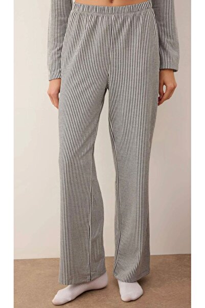 Atelier Masal Black-White Striped Corded Fabric Shirt Collar Knitted Pajama Set