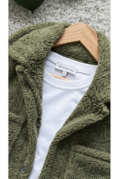 Fifty Color Khaki Buttoned Plush Jacket + Black Sweatpants Bottom Combination