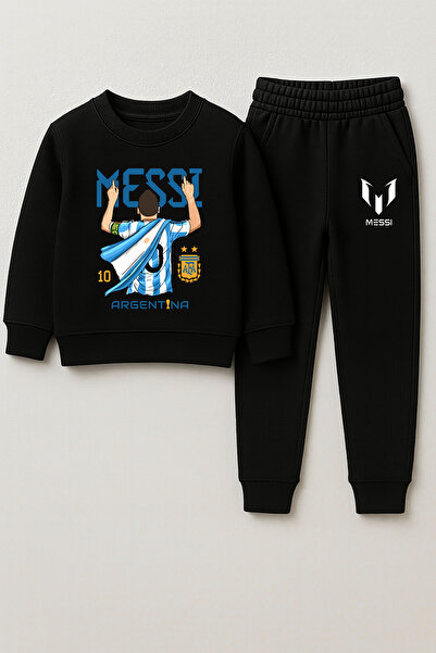 MODA Set de trening negru pentru copii Lionel Messi cu imprimeu Kids guler ro...
