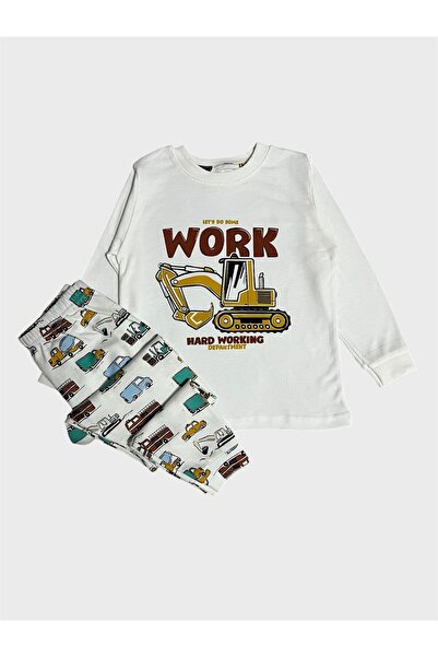 tusem butik homewear Boys' 100% Cotton White Construction Vehicle Car Truck Pattern Long Sleeve Pajama Set