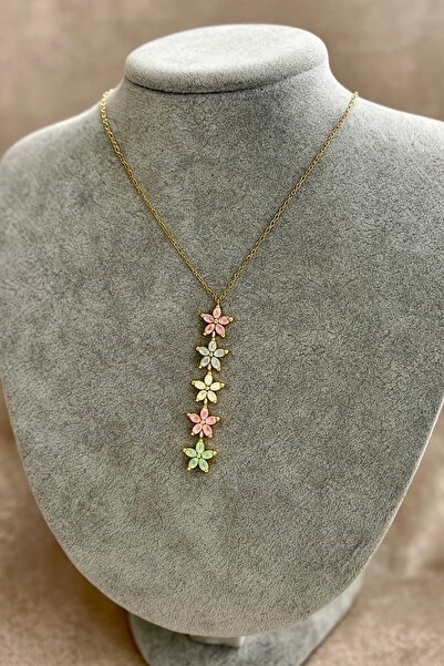 DEMİR ACCESORİES Kadın Y Kolye Çiçek Detaylı Gold Çelik