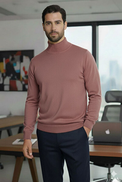 Millionaire Men's Dusty Rose Salmon Pink Half Turtleneck Standard Fit Regular Acrylic Blend Knitwear Sweater