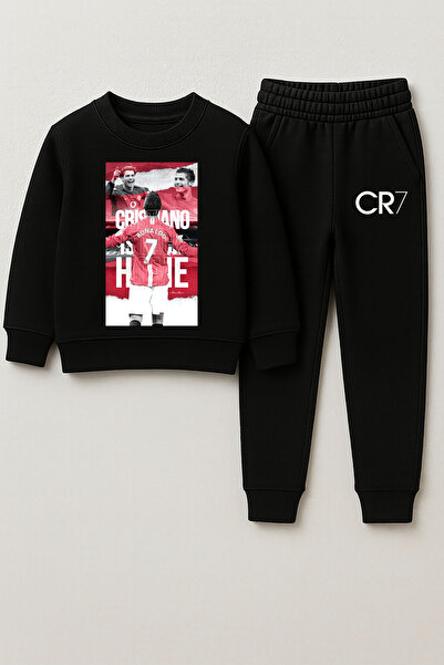 MODA Footballer Ronaldo Printed Kids Crew Neck Black Sweathisrt Tracksuit Set